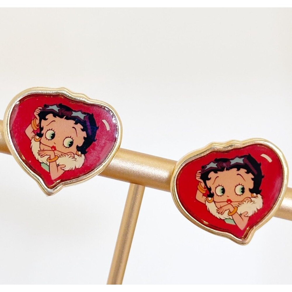 Betty Boop 1997 Heart Clip On Earrings Licensed King Features Gold Tone Vintage